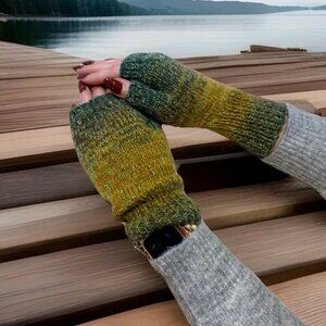 Handmade Women's Wool Blend Green Colorful Knit Fingerless Soft Mittens Gloves